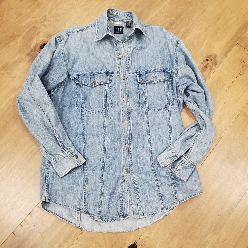 Vintage GAP Heavy Denim Shirt Women Small Blue Cotton Button Up 90s Y2K Vtg Fade